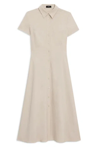 Theory Good Linen Short-sleeve Button-front Midi Shirt Dress In Soft Taupe