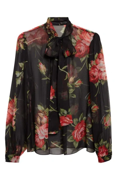 Dolce & Gabbana Rose Bouquet-print Silk Chiffon Neck-tie Blouse In Brown