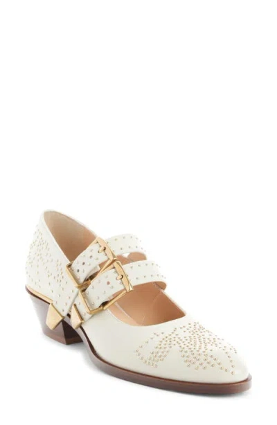 Chloé Susan Studded Textured-leather Mary Jane Pumps In White