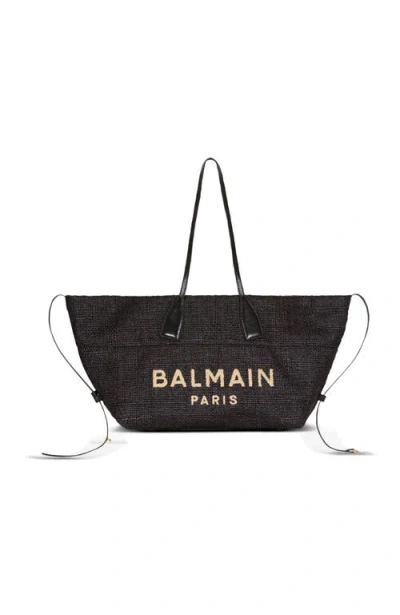 Balmain Women Track Shoulder Bag In Leather And Raffia In Black