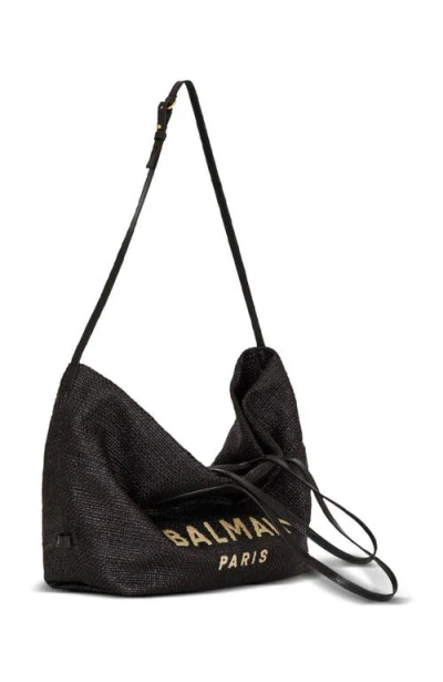 Balmain Women Track Shoulder Bag In Leather And Raffia In Black