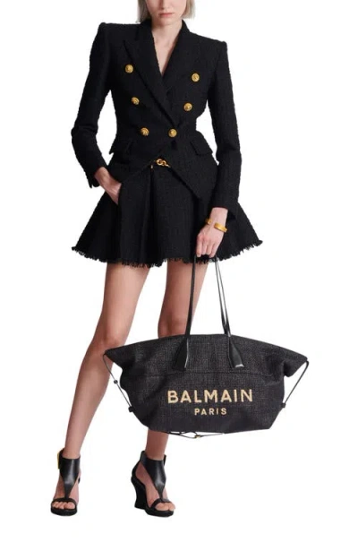 Balmain Women Track Shoulder Bag In Leather And Raffia In Black