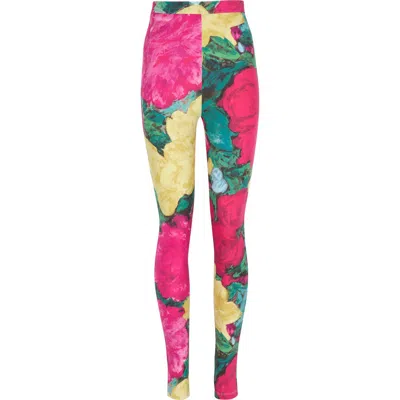 Balmain Jersey Leggings Roses Print Logo Detail In Multi