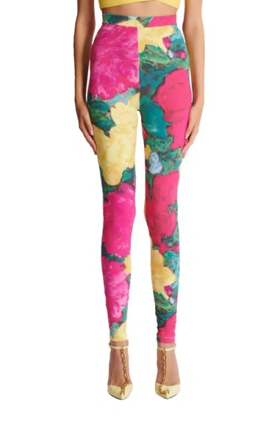 Balmain Jersey Leggings Roses Print Logo Detail In Multi