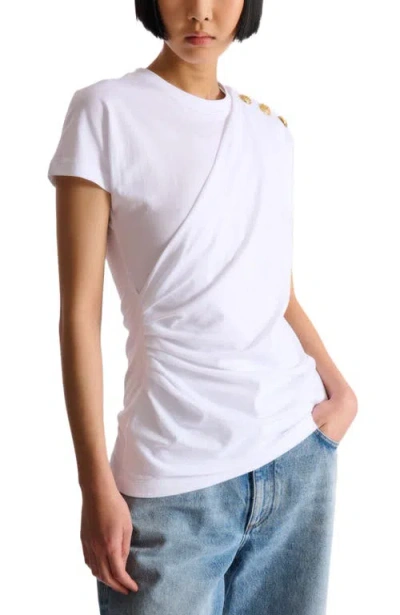 Balmain Cotton T-shirt With Button Detail And Draped Design In White