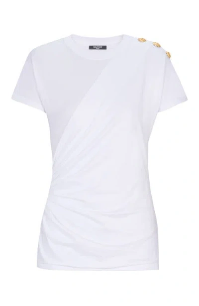 Balmain Cotton T-shirt With Button Detail And Draped Design In White
