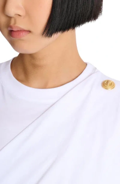 Balmain Cotton T-shirt With Button Detail And Draped Design In White