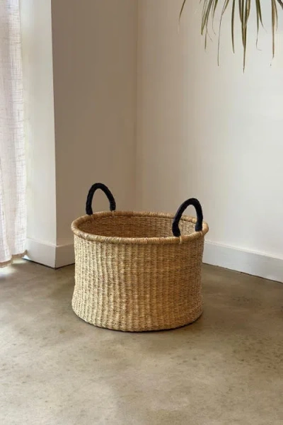 Mbare Handwoven Hamper With Leather Handles In Brown