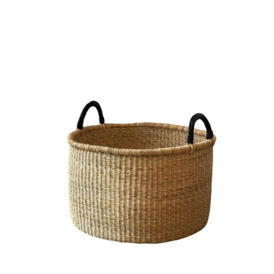 Mbare Handwoven Hamper With Leather Handles In Brown