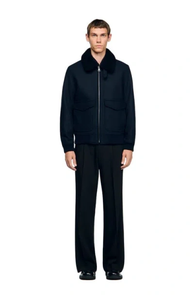 Sandro Wool Aviator Jacket With Shearling In Black