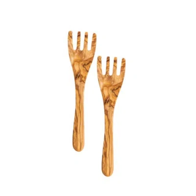 Gharyan Stoneware Olive Wood Serving Spatula Forks, Set Of 2 In Brown