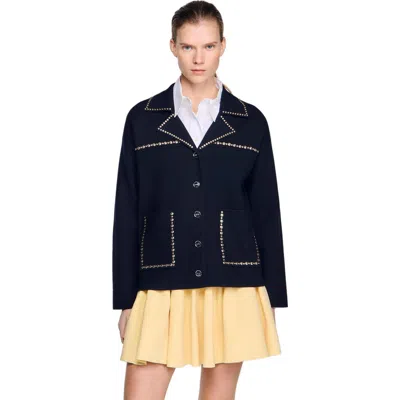 Sandro Studded Blazer Collar Cardigan In Blue
