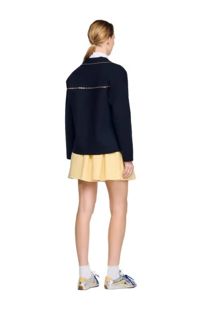 Sandro Studded Blazer Collar Cardigan In Blue