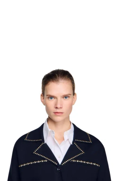 Sandro Studded Blazer Collar Cardigan In Blue