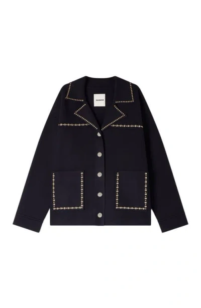 Sandro Studded Blazer Collar Cardigan In Blue