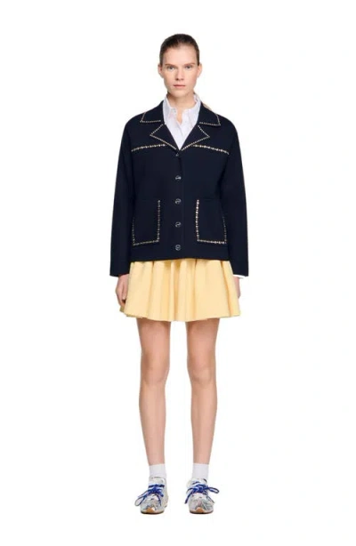Sandro Studded Blazer Collar Cardigan In Blue