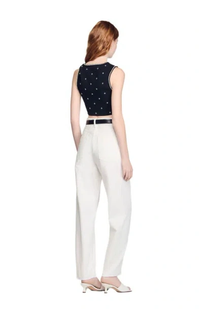 Sandro Womens Black Rhinestone-embellished Cropped Knitted Top