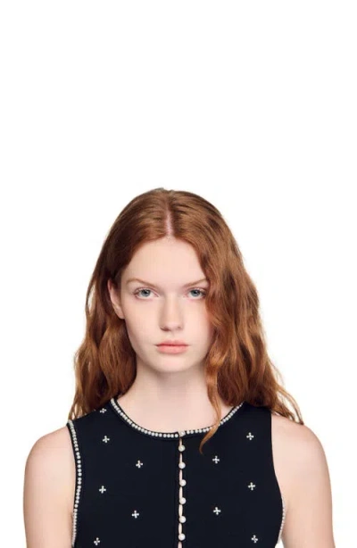 Sandro Womens Black Rhinestone-embellished Cropped Knitted Top