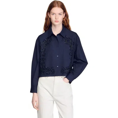 Sandro Womens Navy Blue Floral-embroidered Cotton Shirt