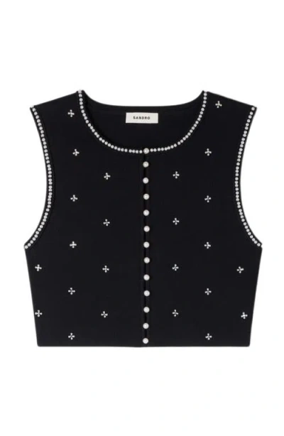 Sandro Womens Black Rhinestone-embellished Cropped Knitted Top