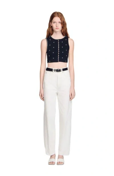 Sandro Womens Black Rhinestone-embellished Cropped Knitted Top