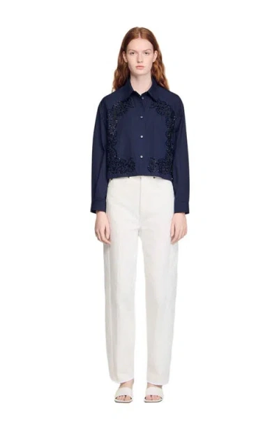 Sandro Womens Navy Blue Floral-embroidered Cotton Shirt