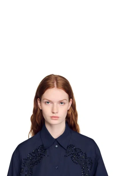 Sandro Womens Navy Blue Floral-embroidered Cotton Shirt
