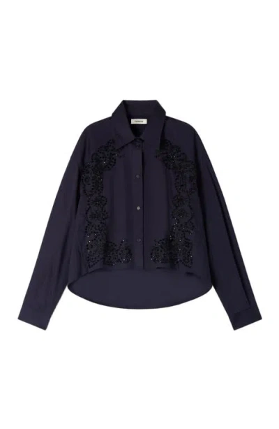 Sandro Womens Navy Blue Floral-embroidered Cotton Shirt
