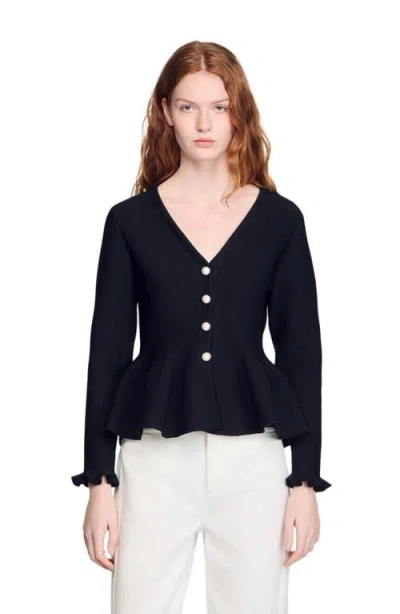 Sandro Womens Black Peplum Button-down Knitted Cardigan