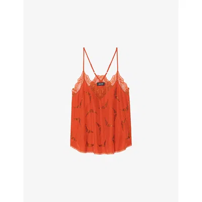 Zadig & Voltaire Womens Spice Christy Rhinestones-embellished Silk Camisole Xs In Orange