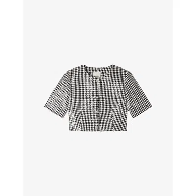 Sandro Cropped Houndstooth Tweed Jacket In Gray
