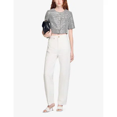 Sandro Cropped Houndstooth Tweed Jacket In Gray