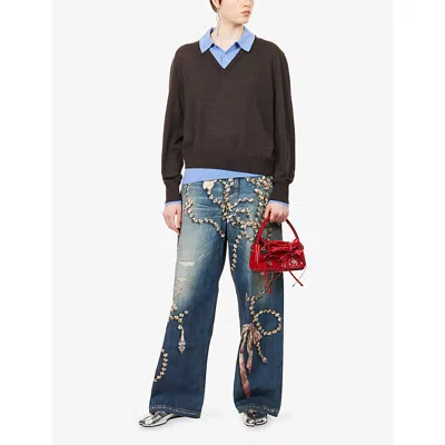 Acne Studios Womens Brown Blue Kascha Layered Wool Jumper