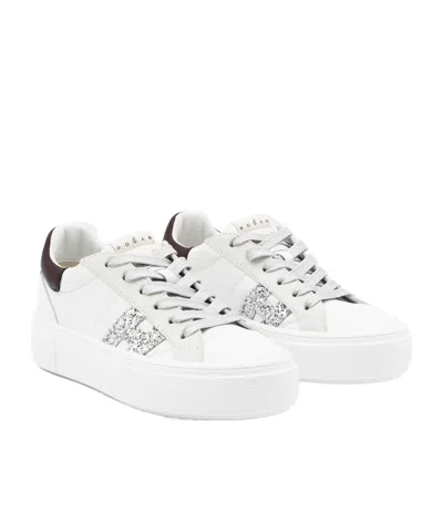 Hogan Crosswind Nappa Leather And Suede Sneakers With Glitter H Detail In White