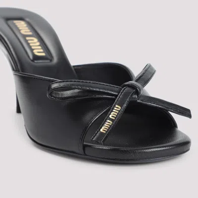 Miu Miu Lamb Leather Slippers Bow Open Toe Stiletto In Black