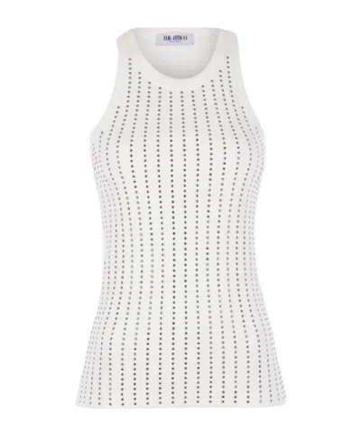Attico Ribbed Jersey Tank Top With Rhinestones In White