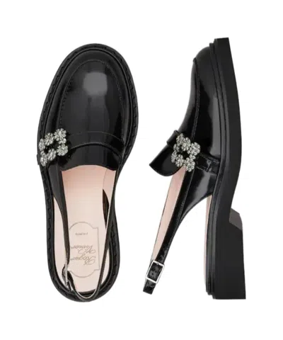Roger Vivier Viv Rangers Crystal-embellished Leather Slingback Loafers In Black