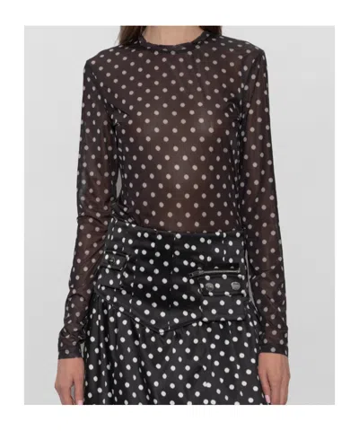 Ganni Sheer Polka Dot Long Sleeve Crew Sweater In Multi