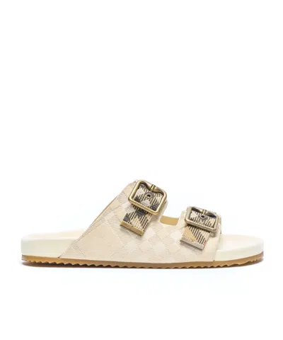 Burberry Checked Canvas Jacquard-trimmed Suede Sandals In Neutral