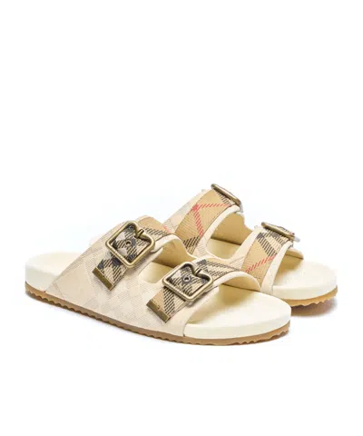 Burberry Checked Canvas Jacquard-trimmed Suede Sandals In Neutral