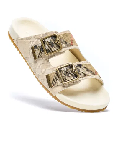 Burberry Checked Canvas Jacquard-trimmed Suede Sandals In Neutral