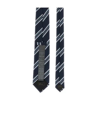 Brioni Silk Tie Narrow Shape Diagonal Stripe Pattern In Blue
