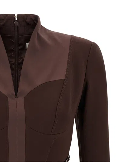 Elisabetta Franchi Logo Dress Elastic Bands Structured Shoulders In Brown