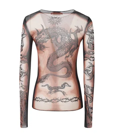 Jean Paul Gaultier Tattoo-inspired Sheer Long-sleeved Top With Bold Motifs In Brown