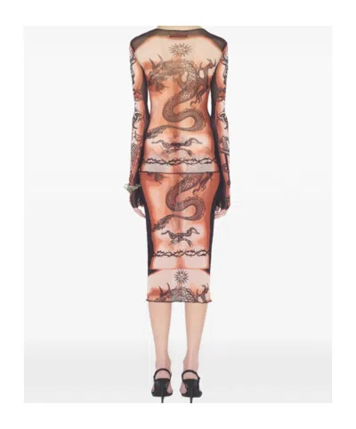Jean Paul Gaultier Tattoo-inspired Sheer Long-sleeved Top With Bold Motifs In Brown