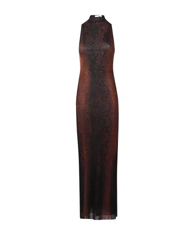 Jean Paul Gaultier High-neck Midi Dress With Snake Print In Silk And Nylon In Brown
