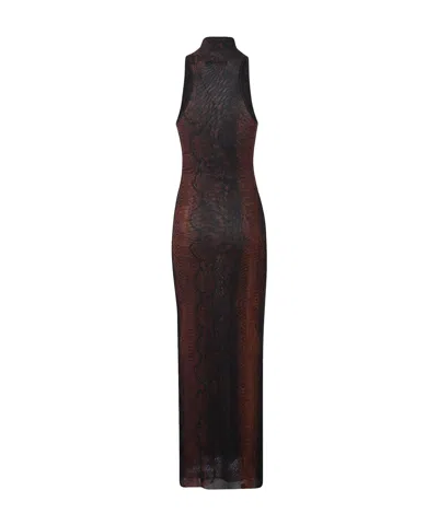 Jean Paul Gaultier High-neck Midi Dress With Snake Print In Silk And Nylon In Brown