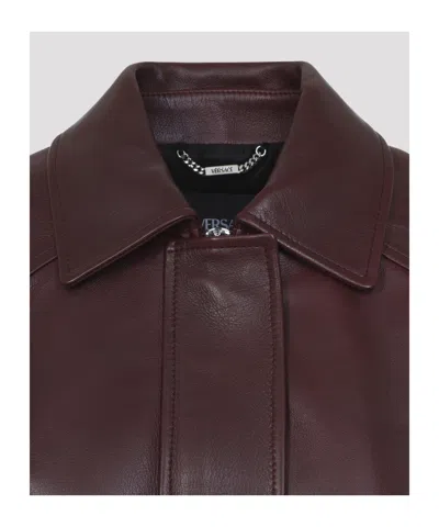 Versace Buffalo Leather Jacket Collared Design In Burgundy