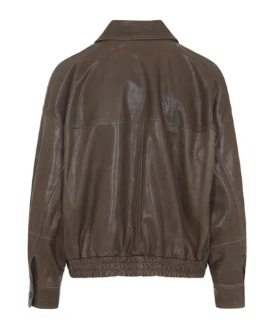 Brunello Cucinelli Leather Bomber Jacket Point Collar Hem In Brown
