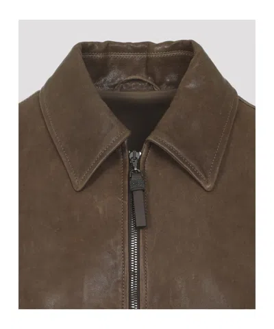 Brunello Cucinelli Leather Bomber Jacket Point Collar Hem In Brown